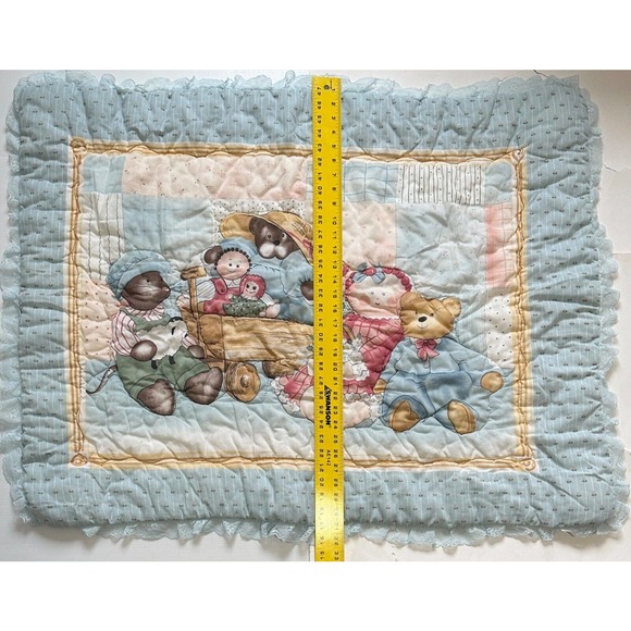 Bear Family Holding Raggedy Ann Wagon Blue Lace Quilt Baby Nursery Blanket - Picture 5 of 6